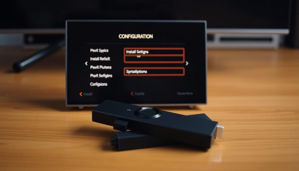 A Firestick device resting on a wooden surface, its display showing the configuration menu for installing third-party applications. The screen is well-lit, with a warm, inviting glow that reflects the device's sleek, modern design. The background is slightly blurred, emphasizing the focus on the Firestick and its settings. The overall scene conveys a sense of ease and simplicity, suggesting the straightforward process of preparing the Firestick for additional content.