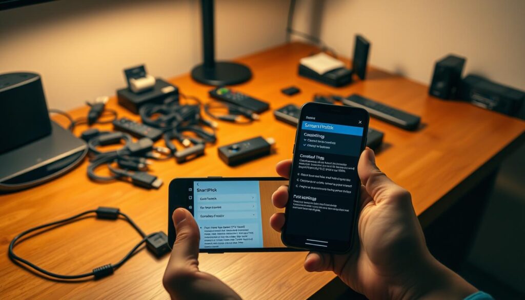 A Firestick device sits prominently on a wooden desk, surrounded by a neatly organized array of cables, adapters, and remote controls. The room is bathed in warm, diffused lighting, creating a focused, productive atmosphere. In the foreground, a hand holds a smartphone, its screen displaying settings and instructions for configuring the Firestick to connect to a Smart IPTV service. The image conveys a sense of preparation, diligence, and the anticipation of seamless home entertainment.