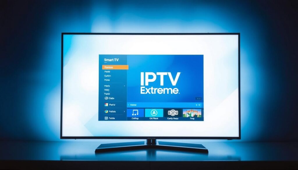 A Samsung Smart TV screen displaying the IPTV Extreme app interface. The screen is well-lit, with a clean and modern design. The app's logo is prominently featured, along with various options and settings. The background is a soft, blurred gradient in shades of blue and white, creating a sleek and professional atmosphere. The overall composition emphasizes the ease of use and accessibility of the IPTV Extreme app for Samsung Smart TV users.