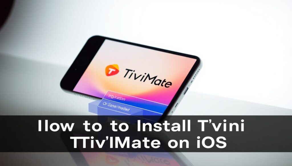 A beautifully designed iOS application interface showcasing the TiviMate logo and menu options on a sleek, modern iPhone device. The screen is illuminated by soft, diffused lighting, highlighting the vibrant colors and clean typography. The device is positioned at a slightly elevated angle, creating a sense of depth and emphasizing the intuitive layout. The background is minimalist, allowing the application to take center stage and draw the viewer's attention. The overall composition conveys a sense of elegance and professionalism, perfectly suited to illustrate the guide for installing TiviMate on iOS devices.