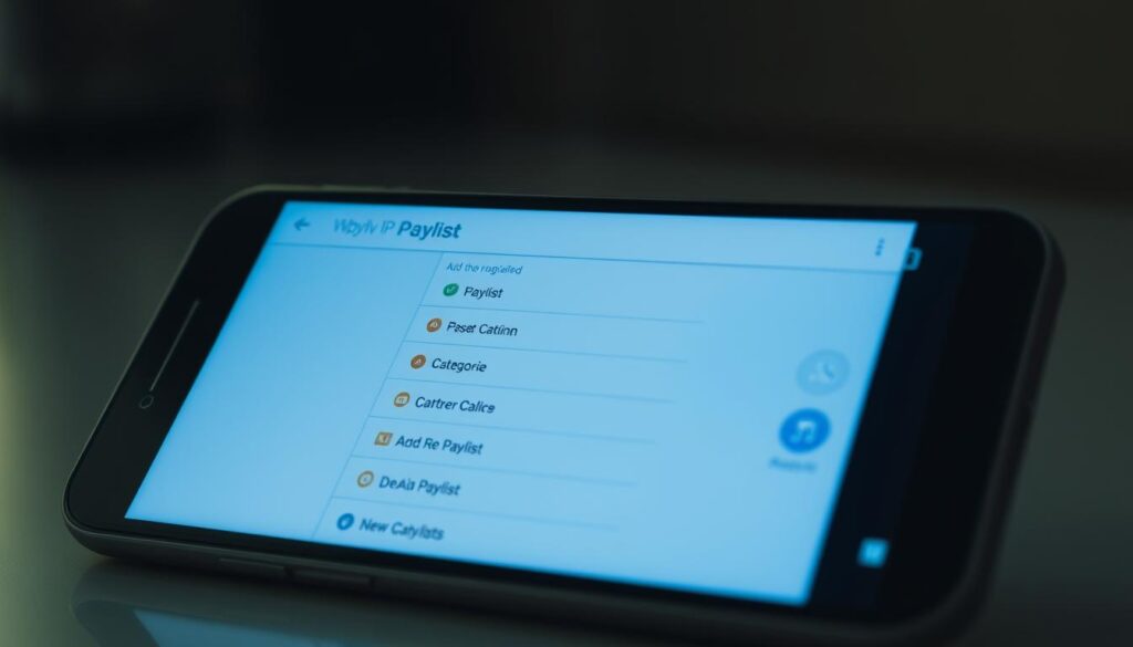 A clean, well-lit Android smartphone screen displaying the IPTV Extreme app's playlist configuration interface. The screen shows a neatly organized list of playlist options, with clear category labels and intuitive controls for adding new playlists. The interface has a sleek, modern design with a calming blue-gray color scheme, conveying a sense of professionalism and ease of use. Soft, diffused lighting illuminates the screen, creating a pleasant, inviting atmosphere. The camera angle is slightly elevated, providing a clear, unobstructed view of the app's key features and functionality.