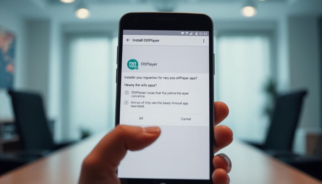 A clean, well-lit android smartphone screen displaying the OttPlayer app installer interface. The screen is prominently featured in the center of the frame, with a blurred background of a modern office or home environment. The interface shows clear, intuitive steps for the installation process, with simple icons and text guiding the user through each step. The overall atmosphere is one of ease and simplicity, conveying the straightforward nature of the installation process for the OttPlayer app on an android device.
