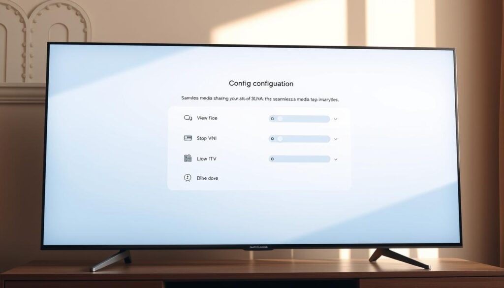 A clean, well-lit smart TV screen displaying the 5KPlayer DLNA configuration menu. The interface features intuitive icons, sliders, and toggles for seamless media sharing setup. Warm, natural lighting casts a soft glow, creating a calming, user-friendly atmosphere. The composition places the configuration options as the focal point, with a blurred, neutral background emphasizing the simplicity of the process. Crisp details and high-resolution rendering capture the modern, high-quality aesthetic of the 5KPlayer software.