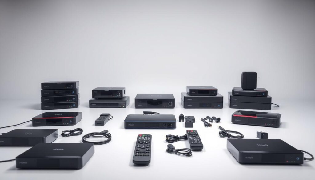 A clean, well-lit studio setting featuring an array of compatible IPTV devices arranged in a visually appealing composition. The foreground showcases various streaming media players, set-top boxes, and smart TV remotes in a neatly organized display. The middle ground includes related accessories such as HDMI cables, Ethernet adapters, and power supplies. The background features a minimalist, neutral-toned backdrop that allows the devices to take center stage. The lighting is soft and diffused, highlighting the sleek, modern designs of the hardware. The overall mood is one of technological sophistication and product readiness, conveying the essential requirements for a successful IPTV installation.