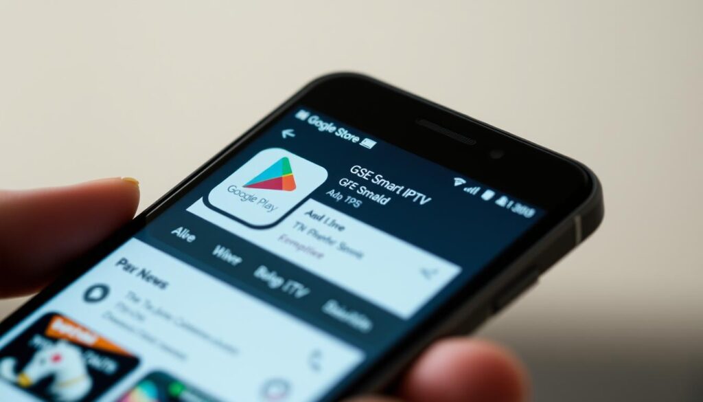 A close-up, detailed view of a smartphone screen displaying the GSE Smart IPTV app interface. The screen shows the Google Play Store home page, with the GSE Smart app icon prominently featured. The app interface is clean and intuitive, with a grid layout showcasing various IPTV channels and categories. The screen is well-lit, with a soft, neutral lighting that highlights the app's visual elements. The smartphone is held at a slight angle, giving the image a natural, candid feel. The background is blurred, keeping the focus solely on the smartphone and the GSE Smart app interface.