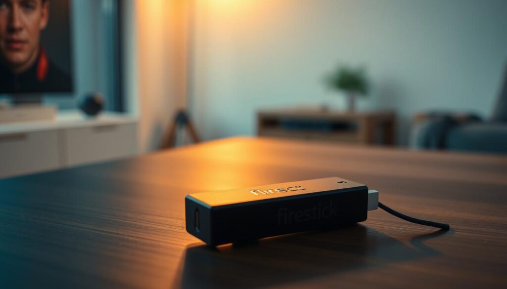 A close-up view of a Firestick device, its sleek black body and HDMI connector clearly visible. The device sits atop a minimalist wooden surface, bathed in warm, ambient lighting that casts soft shadows. The Firestick's glowing LED indicator pulsates subtly, hinting at the device's readiness to spring into action. In the background, a blurred, clean-lined interior suggests a modern, technology-driven space. The overall scene conveys a sense of anticipation and the promise of seamless digital entertainment, setting the stage for the installation of the "Perfect Player" application.