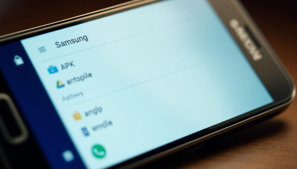 A close-up view of a Samsung smartphone screen, displaying the process of sideloading applications. The screen shows a file explorer interface, with the user navigating to a downloaded APK file. The background is blurred, creating a sense of focus on the device's screen. The lighting is soft and diffused, creating subtle shadows that enhance the depth and three-dimensionality of the scene. The angle is slightly tilted, giving the image a dynamic and engaged perspective. The overall mood is one of technical proficiency and problem-solving, as the user navigates the sideloading process on their Samsung device.