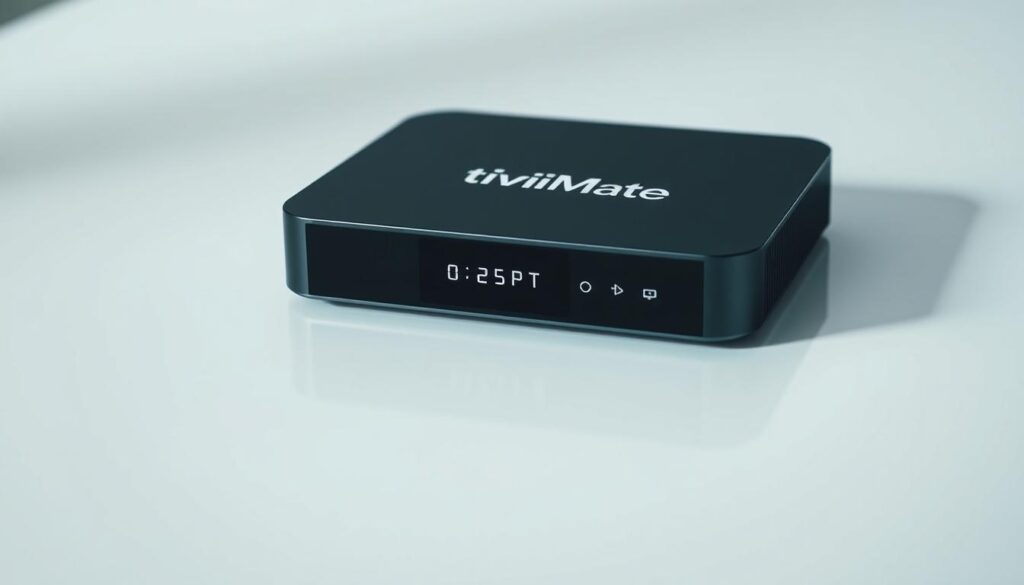 A close-up view of a modern IPTV set-top box called TiviMate, showcasing its sleek and compact design. The device is displayed on a minimalist, white background, with soft, diffused lighting highlighting its clean lines and subtle textures. The TiviMate logo is prominently featured, conveying a sense of premium quality and user-friendly functionality. The image should exude a sense of technological sophistication and seamless integration with smart home ecosystems, reflecting the advanced capabilities of the TiviMate media player.