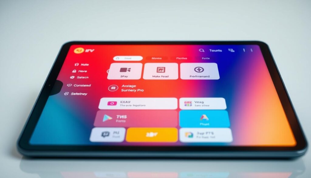 A close-up view of a sleek, customized IPTV Smarters Pro interface on a tablet or smartphone display. The screen showcases a clean, intuitive layout with a vibrant color scheme and clearly labeled sections for easy navigation. The user interface features smooth animations, crisp icons, and a responsive touch-based interaction. The scene is illuminated by a soft, even lighting that highlights the refined aesthetics and premium quality of the app. The composition emphasizes the personalization aspects, inviting the viewer to imagine how they could tailor the app to their preferences and needs.