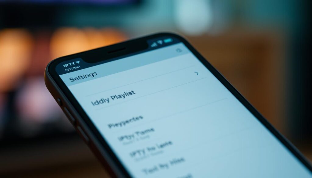 A close-up view of a smartphone screen displaying the settings and configuration menu of the IPTV Extreme app. The screen features a clean, minimalist interface with a focus on the "Playlist" section, where various IPTV channel lists can be added and managed. The background is blurred, creating a depth of field effect that draws the viewer's attention to the foreground elements. The lighting is soft and diffused, creating a warm and inviting atmosphere. The overall composition is balanced and visually appealing, providing a clear illustration of the playlist configuration process for the IPTV Extreme app.