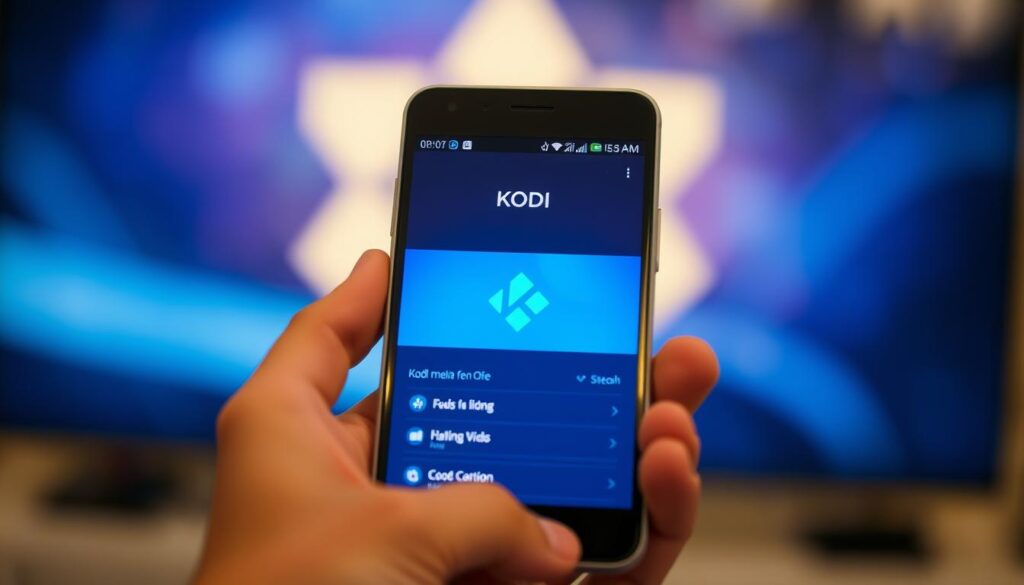 A close-up view of a smartphone screen, its display showing the Kodi media center interface. The screen is brightly lit, with a clean and intuitive layout showcasing Kodi's main menu options. The smartphone is held in a natural, hand-held position, capturing the ease of using Kodi on a mobile device. The background is softly blurred, maintaining the focus on the screen and emphasizing the simplicity of the installation process. The image conveys a sense of accessibility, highlighting Kodi's user-friendly design for Android smartphones.