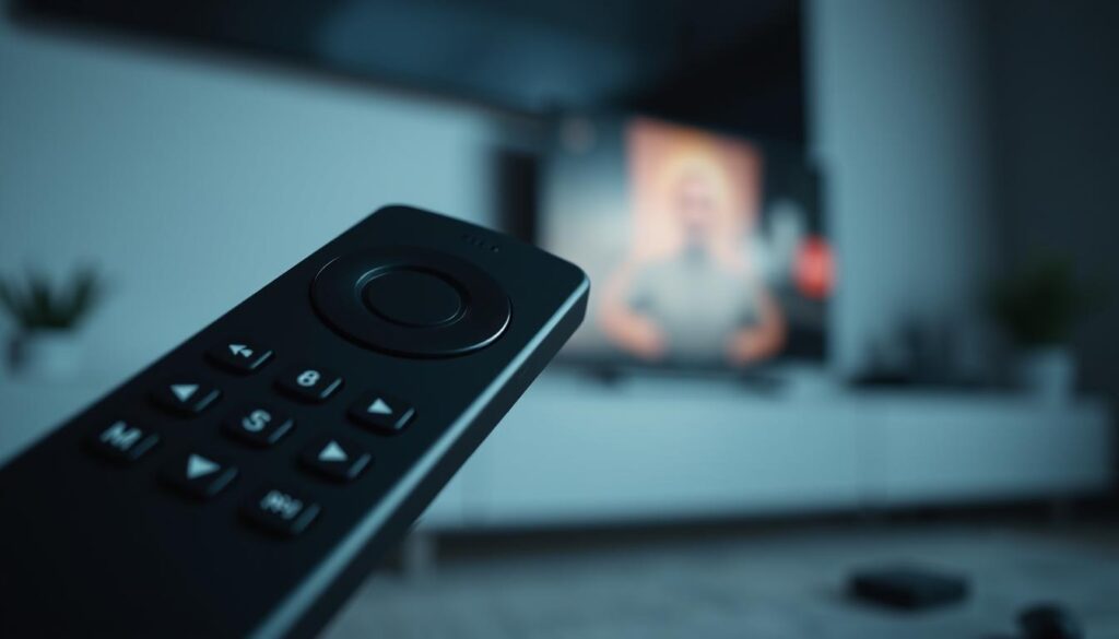A closeup view of a FireStick remote control, its buttons and interface elements displayed in crisp detail. The remote is positioned prominently in the foreground, with a blurred background suggesting a modern, minimalist home entertainment setup. Soft, directional lighting casts subtle shadows, emphasizing the tactile quality of the remote's surface. The overall mood is one of technical simplicity and user-friendly design, conveying the ease of configuring a FireStick for streaming content.