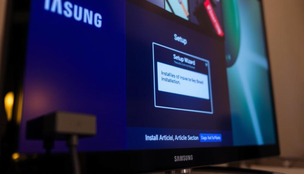 A closeup view of a Samsung Smart TV displaying the IPTVnator app interface, with a USB drive connected to the side port. The screen shows the app's setup wizard, guiding the user through the installation process. Soft, warm lighting illuminates the scene, creating a sense of ease and familiarity. The composition emphasizes the simplicity and accessibility of the installation, reflecting the "how-to" nature of the article section.