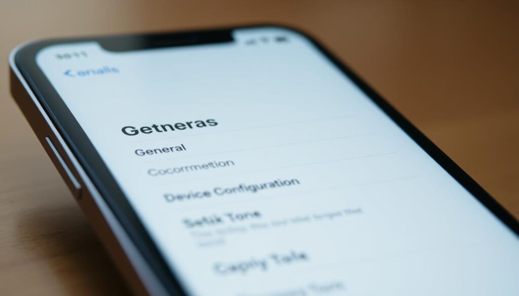 A closeup view of an iOS device display showing the settings menu, with a focus on the "General" section and the "Device Configuration" options. The screen is well-lit, with a clean, minimalist aesthetic that emphasizes the interface elements. The device is positioned at a slight angle, creating a sense of depth and allowing the user to see the device's profile. The background is subtly blurred, drawing the viewer's attention to the device and its settings. The overall mood is professional, informative, and visually appealing, reflecting the technical nature of the subject matter.