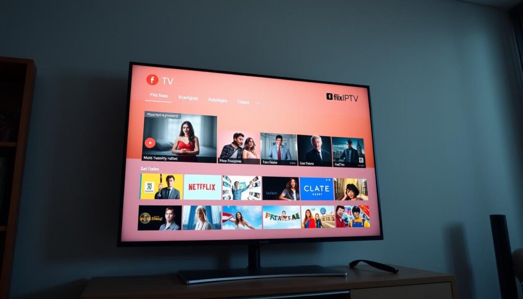 A contemporary smart TV interface displaying the Flix IPTV service, with a clean and intuitive layout. The screen showcases the platform's user-friendly navigation, featuring high-quality video thumbnails and clear menu options. Soft, diffused lighting creates a comfortable ambiance, while the camera angle provides a natural, eye-level perspective, inviting the viewer to envision themselves interacting with the system. Subtle reflections on the TV screen add depth and realism, conveying a sense of technological sophistication. The overall scene exudes a sense of ease and accessibility, reflecting the simplicity of the installation process.