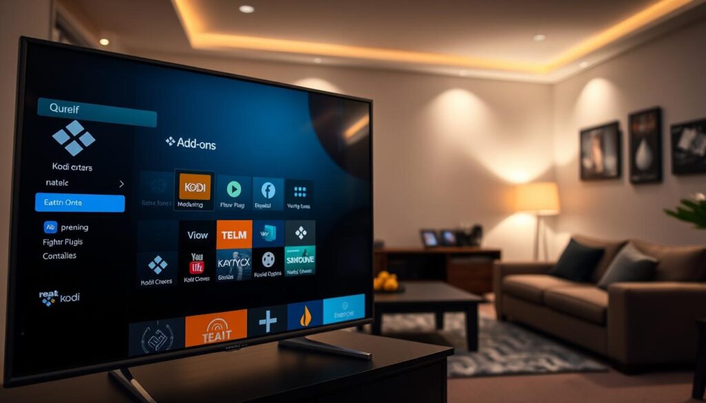 A cozy home media setup with Kodi software prominently displayed on a sleek, modern Samsung Smart TV screen. In the foreground, various Kodi add-ons and plugins are showcased, each with distinct icons and descriptions, highlighting the customization and functionality options available to the user. The middle ground features a minimalist, yet stylish living room setting, with indirect lighting creating a warm, inviting atmosphere. In the background, subtle visual cues, such as streaming service logos or media library organization, subtly reinforce the multimedia focus of the scene. The overall composition conveys the ease of integrating Kodi's powerful media capabilities into a Samsung Smart TV ecosystem.