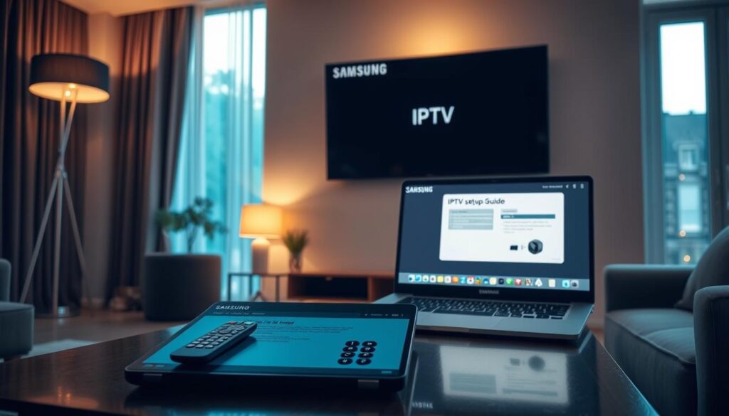 A cozy living room with a modern Samsung Smart TV mounted on the wall. On the coffee table, a sleek remote control and a laptop displaying a detailed IPTV setup guide. Warm lighting from floor lamps and a large window illuminates the scene, creating a welcoming atmosphere. The room is organized and clutter-free, reflecting the user's attention to detail. The image conveys a sense of preparation and readiness for a seamless IPTV installation process on the Samsung Smart TV.