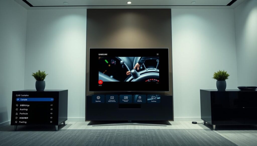 A detailed Samsung Smart TV interface with a focus on the configuration models, showcasing a clean and modern user interface. The foreground displays various menu options and settings, with icons and labels clearly visible. The middle ground features the main TV screen area, showing a sample video or application. The background subtly blends Samsung's signature design elements, incorporating sleek lines, neutral tones, and a sense of depth and minimalism. The lighting is soft and even, creating a balanced and professional atmosphere. The angle captures a frontal view, providing a comprehensive overview of the Samsung Smart TV configuration experience.