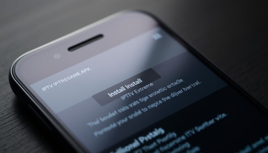 A detailed closeup image of an Android smartphone screen displaying the installation process for the IPTV Extreme APK file. The screen shows a sleek, modern interface with a prominent "Install" button and various installation steps. The image is well-lit, with a shallow depth of field that keeps the screen in sharp focus while the background is slightly blurred. The overall mood is crisp, professional, and instructional, conveying the technical nature of the installation process.