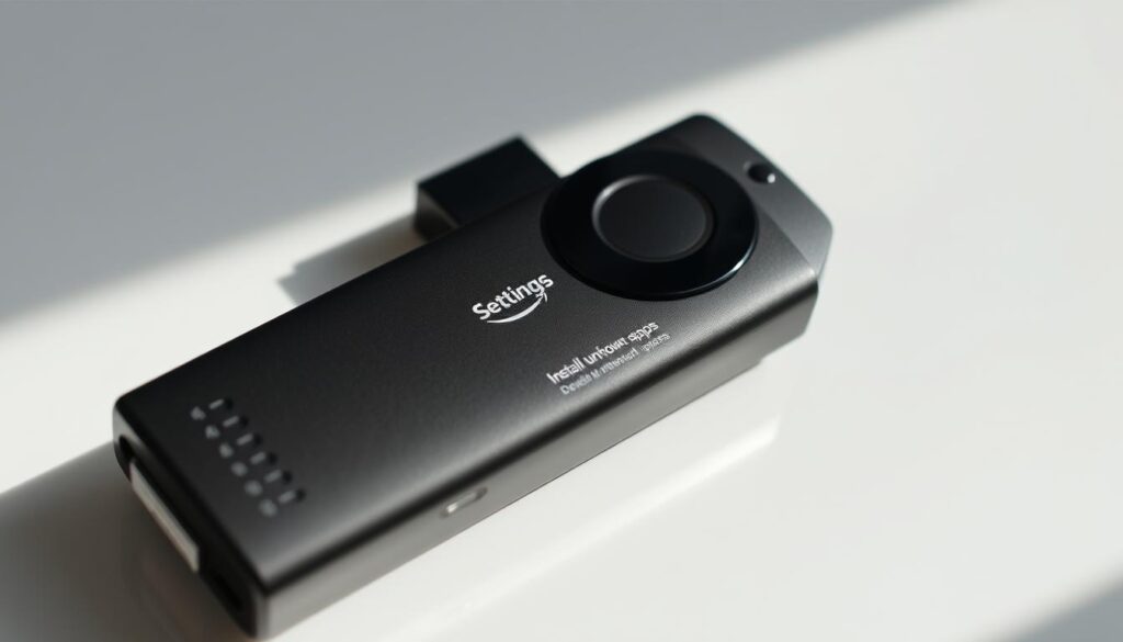 A detailed closeup view of an Amazon FireStick remote control, prominently displaying the "Settings" menu with the "Developer options" and "Install unknown apps" options clearly visible. The FireStick is placed on a clean, neutral surface, bathed in soft, natural lighting that highlights the device's sleek, black matte finish. The image conveys a sense of simplicity and ease of use, reflecting the straightforward process of enabling unknown sources and developer options on the FireStick device.