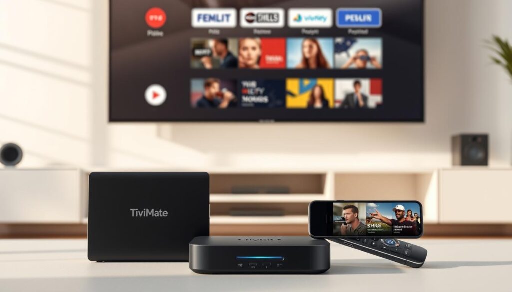 A detailed, high-quality image of various compatible devices for the TiviMate media player app, featuring a smart TV, streaming box, and mobile device arranged neatly in a clean, modern setting. The devices should be shown in a well-lit, studio-style environment with soft, even lighting that highlights their sleek designs and emphasizes their compatibility. The background should be a simple, uncluttered neutral tone that allows the devices to take center stage. The overall mood should convey a sense of technological harmony and seamless integration, reflecting the ease of using TiviMate across multiple platforms.