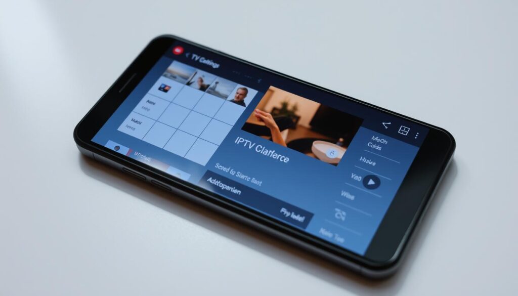 A detailed, high-resolution image of a modern Android smartphone screen displaying an IPTV player interface. The screen shows a clean, minimalist design with a grid of channels, a video preview window, and various settings and controls. The device is positioned on a neutral surface, with soft, directional lighting illuminating the screen and casting subtle shadows. The overall atmosphere is calm and professional, reflecting the informative and instructional nature of the article.