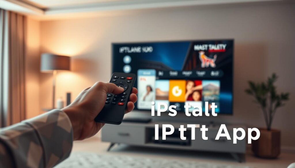 A detailed installation of a smart TV IPTV app. In the foreground, a hand holding a remote control interacts with a smart TV interface displaying the IPTV app. The middle ground shows the smart TV in an elegant, modern living room setting. The background features a warm, cozy atmosphere with soft lighting and muted colors, creating a relaxed and inviting ambiance. The overall scene conveys the ease and simplicity of installing the IPTV app on a smart TV, reflecting the article's subject and section title.