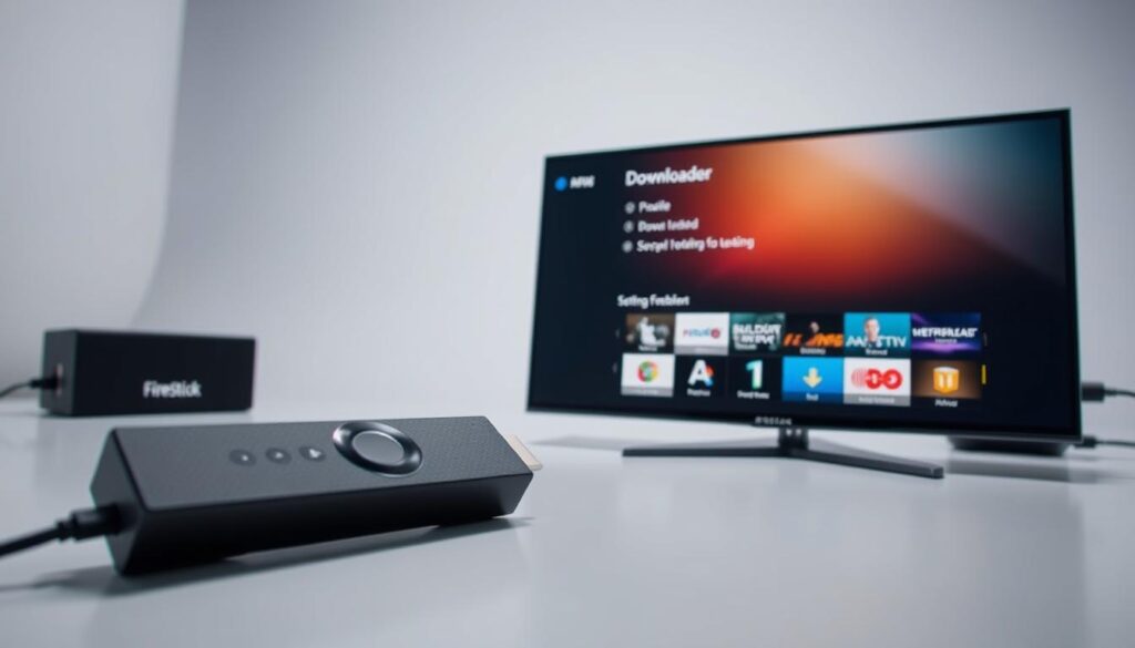 A detailed setup of a Firestick device and the Downloader app, showcased in a clean, well-lit studio environment. The Firestick is prominently displayed, with its various ports and connections visible. The Downloader app's user interface is shown on the Firestick's screen, highlighting its key features and functionality. The scene has a technical, instructional feel, with a focus on the specific configuration steps required to prepare the Firestick and Downloader app for use. Soft, directional lighting illuminates the setup, creating depth and accentuating the various components. The overall mood is one of clarity and practical guidance, suitable for an educational article.