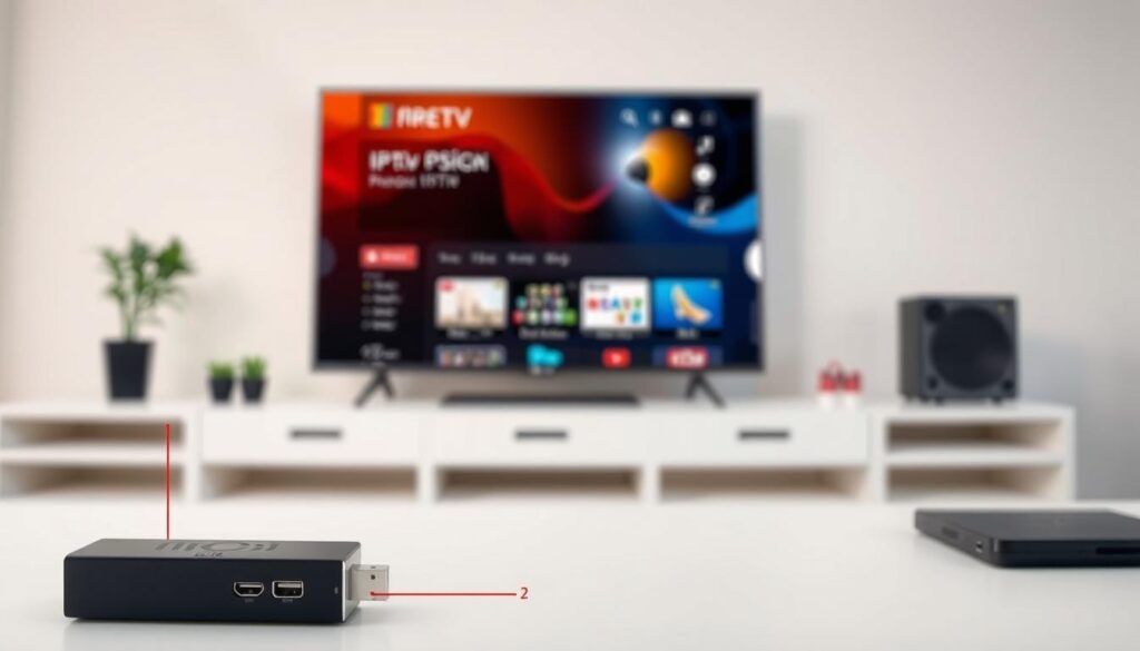 A detailed technical diagram showcasing the essential FireStick IPTV requirements. The foreground depicts the FireStick device, sleek and compact, with carefully labeled ports and inputs. The middle ground highlights a smart TV, displaying the IPTV interface in vivid detail. In the background, a clean and organized workspace sets the scene, conveying a sense of professionalism and attention to setup. The lighting is soft and even, accentuating the technical aspects while maintaining a clean, minimalist aesthetic. The overall mood is one of clarity and informative precision, perfectly suited to illustrate the "Requisitos técnicos y preparación del FireStick" section of the article.