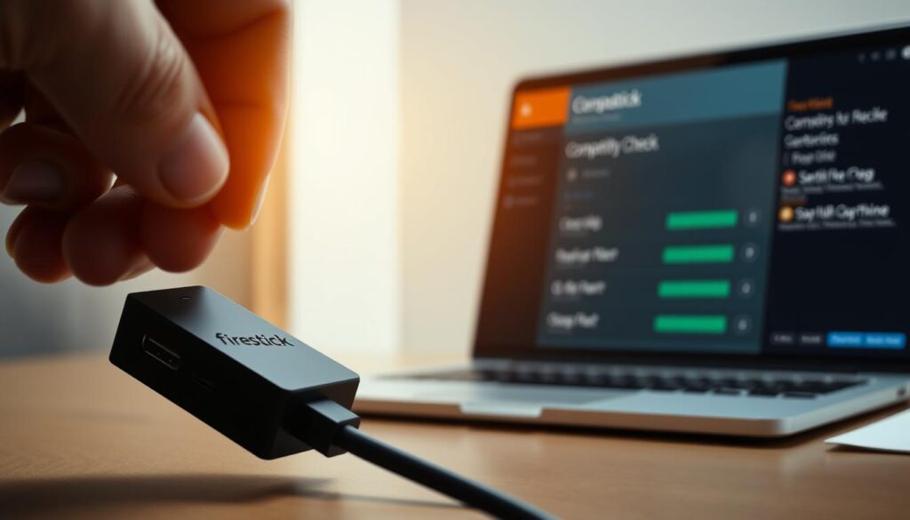 A detailed, technical illustration of FireStick compatibility verification. A well-lit closeup of a FireStick device, with its ports and interfaces clearly visible. In the foreground, a hand is plugging in cables and connectors, demonstrating the setup process. The middle ground shows a laptop or tablet screen displaying compatibility check results, with system information and compatibility status indicators. The background has a clean, minimalist design, with muted tones to keep the focus on the central action. The overall mood is one of precision, attention to detail, and a methodical approach to ensuring a successful FireStick installation.