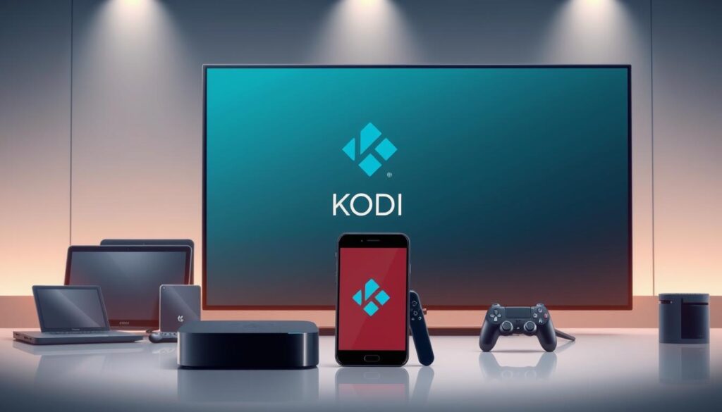 A detailed, well-lit digital illustration showcasing various compatible devices for Kodi media player. In the foreground, a sleek smart TV, streaming box, and smartphone prominently displayed, highlighting their Kodi compatibility. The middle ground features additional devices such as a laptop, tablet, and gaming console, all seamlessly integrated into the scene. The background depicts a minimalist, futuristic setting with clean lines and subtle lighting, emphasizing the modern and versatile nature of Kodi-compatible technologies. The overall atmosphere conveys a sense of integration, accessibility, and the seamless convergence of multimedia devices in the digital age.