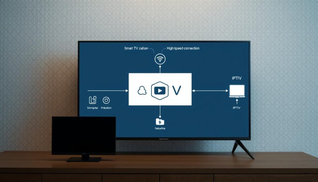A detailed, well-lit technical diagram showcasing the key requirements for setting up an IPTV service on a smart TV. In the foreground, neatly arranged icons and symbols representing the necessary hardware, software, and network components - a smart TV, a high-speed internet connection, a compatible IPTV app or platform. In the middle ground, a clean, minimalist layout with precise measurements and specifications, conveying the essential technical details. In the background, a neutral, subtly patterned surface that adds depth and context, evoking a sense of professionalism and expertise. The overall mood is informative, organized, and visually appealing, perfectly suited to illustrate the "Requisitos previos para la instalación" section of the article.