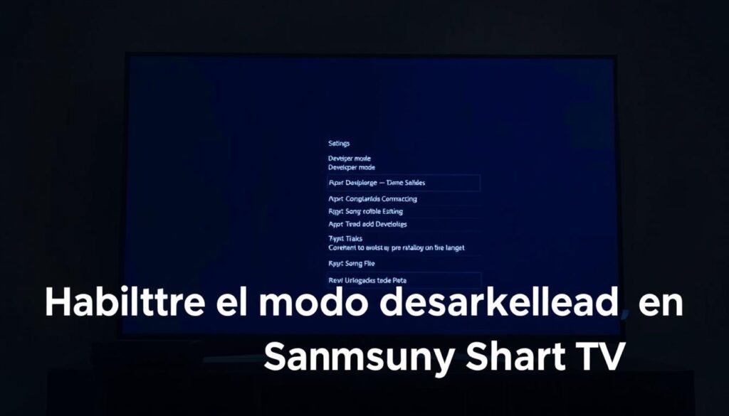 A dimly lit Samsung Smart TV screen displaying the developer mode settings, with a clean and minimalistic interface. The screen shows various technical options and configurations, reflecting the technical nature of the subject. The TV is placed on a dark wooden surface, with subtle ambient lighting creating a focused and professional atmosphere. The camera angle is slightly elevated, capturing the screen at a slight downward tilt to emphasize the technical details. The image conveys a sense of precision and attention to detail, suitable for illustrating the "Habilitar el modo desarrollador en Samsung Smart TV" section of the article.