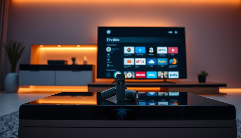 A futuristic, minimalist home entertainment setup with an Amazon Firestick device prominently displayed on a modern, glossy black TV stand. The Firestick's interface is visible, showcasing a collection of familiar and unfamiliar app icons, hinting at the customization and personalization possibilities. The scene is bathed in a warm, ambient lighting, creating a cozy, inviting atmosphere. The camera angle is slightly elevated, providing a clean, uncluttered view of the setup. The overall composition emphasizes the Firestick's centrality and the intriguing potential of its "unknown apps" configuration, setting the stage for the detailed guide on installing 5KPlayer.