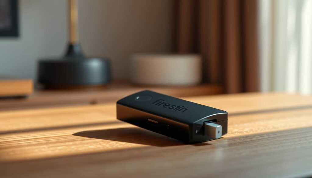 A high-quality 4K closeup photograph of a modern black Amazon Fire TV Stick device, resting on a wooden desk. The FireStick is displayed at a slight angle, highlighting its sleek and compact design. Soft natural lighting casts warm shadows, emphasizing the device's textures and contours. In the background, a minimalist decor with muted tones creates a sophisticated and professional atmosphere, suitable for an article on smart IPTV installation. The overall image conveys a sense of technology, simplicity, and practicality, reflecting the article's focus on the FireStick as a platform for GSE Smart IPTV.
