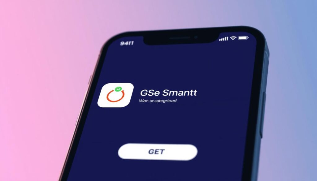 A high-quality, detailed illustration of the App Store interface with the "GSE Smart" app installation process on an iPhone or iPad device. The foreground showcases the App Store home screen with a prominent "GSE Smart" app icon and the "GET" button. The middle ground depicts the app installation progress bar and a clean, minimalist iOS device in a well-lit, slightly angled perspective. The background features a soft, blurred gradient that sets a calm, professional tone. The overall image conveys a seamless, user-friendly iOS app installation experience.
