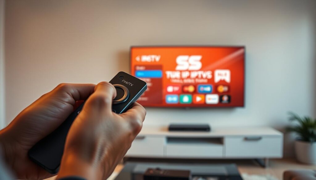 A high-quality, detailed image of the process of installing SS IPTV on a Firestick device. The foreground shows a person's hands holding a Firestick remote and carefully navigating through the on-screen menus. The middle ground depicts the Firestick device itself, connected to a TV screen displaying the SS IPTV interface. The background features a modern, minimalist living room setting with a sleek, wall-mounted TV. The lighting is soft and warm, creating a cozy atmosphere. The camera angle is slightly elevated, providing a clear, unobstructed view of the installation process. The overall mood is one of focused concentration and technological proficiency.