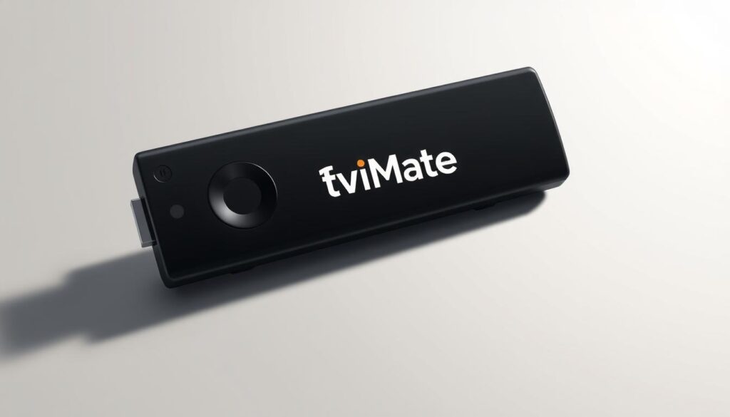 A high-quality, realistic digital illustration of a Firestick device prominently showcasing the TiviMate premium app interface. The Firestick is depicted from a slightly elevated angle, casting a soft shadow on a minimalist backdrop. The TiviMate app logo and user interface are displayed clearly on the Firestick's screen, highlighting its sleek and intuitive design. The overall scene conveys a sense of simplicity, sophistication, and the seamless integration of the TiviMate app with the Firestick hardware, reflecting the app's key advantages for the user.