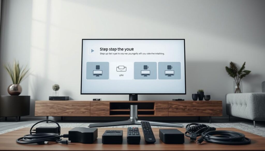 A high-quality, well-lit image of a Samsung Smart TV screen displaying step-by-step installation instructions. The foreground should feature the TV screen with a clean, minimal interface showcasing the necessary setup steps. The middle ground could include various cables, adapters, and remote controls neatly arranged, suggesting the preparation required for the installation. The background should depict a modern, minimalist living room setting with neutral tones to keep the focus on the central TV display. The overall mood should convey a sense of clarity, simplicity, and preparedness for the installation process.