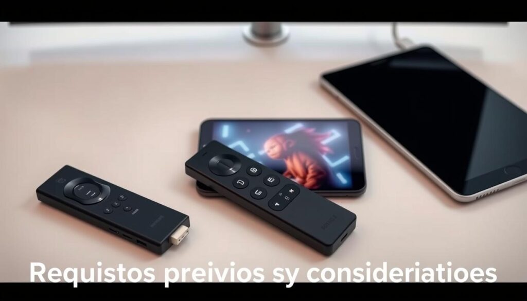 A high-quality, well-lit image of various compatible devices for the Perfect Player media player app, including a Firestick, a smartphone, a tablet, and a smart TV. The devices are arranged neatly on a clean, minimalist surface, showcasing their compatibility and versatility. The lighting is soft and diffused, creating a professional, informative atmosphere. The image has a clear focus on the devices, with a slight depth of field to emphasize the main subjects. The overall composition is balanced and visually appealing, suitable for illustrating the "Requisitos previos y consideraciones" section of the article.