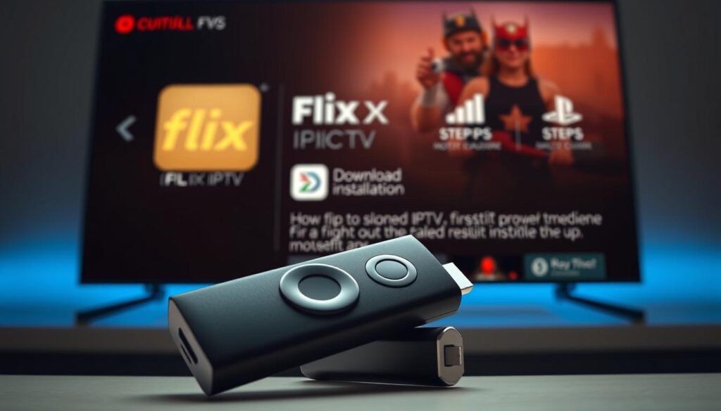 A high-resolution, detailed image of a Firestick device prominently displayed in the foreground, with the Flix IPTV application icon clearly visible on the screen. The Downloader application icon should be shown in the middle ground, alongside steps and instructions for the installation process. The background should feature a blurred, out-of-focus representation of the Firestick user interface, conveying a sense of context and functionality. The lighting should be soft and natural, with a warm, inviting tone that sets a calm and informative mood. The overall composition should be balanced and visually appealing, guiding the viewer's attention to the key elements of the installation process.