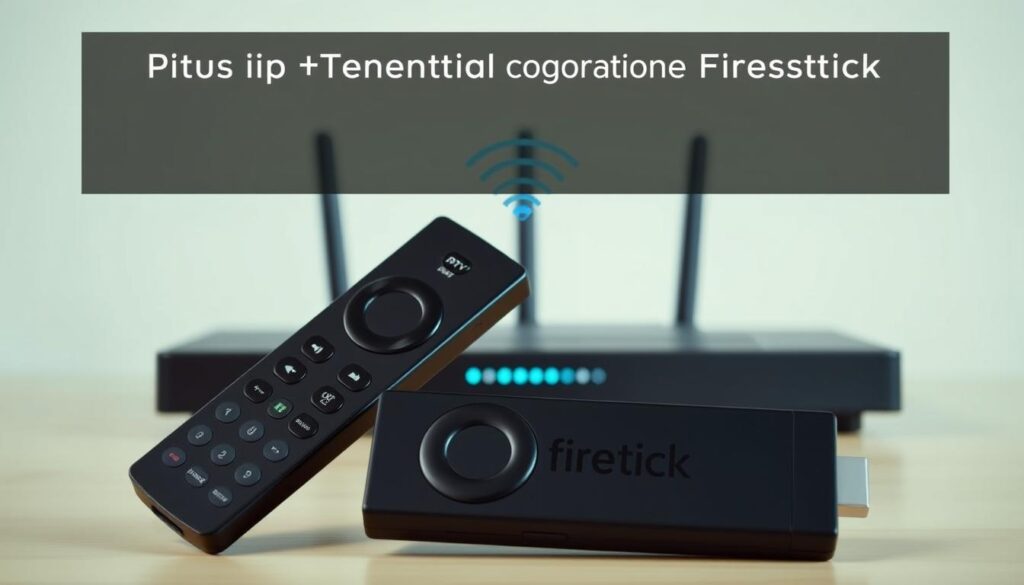A high-resolution, detailed image of the essential requirements for using an IPTV service on a Firestick device. The foreground depicts a Firestick remote control and a compatible IPTV subscription, representing the necessary hardware and software components. The middle ground showcases a stable internet connection, with a router and Wi-Fi signal bars, emphasizing the importance of a reliable network. The background features a clean, minimalist setting, allowing the key elements to take center stage. The lighting is soft and natural, creating a professional, informative atmosphere. The image should convey a sense of simplicity and clarity, guiding the viewer through the core prerequisites for setting up IPTV on a Firestick.