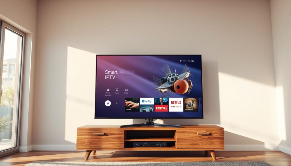 A high-resolution, detailed rendering of a Samsung Smart TV displaying the GSE Smart IPTV interface. The TV is placed on a modern, minimalist wooden media stand in a well-lit living room. Sunlight streams in through large windows, creating a warm, inviting atmosphere. The GSE Smart IPTV interface is prominently featured on the TV screen, showcasing its intuitive navigation and content selection. The overall scene conveys a sense of technology integration, connectivity, and readiness for the step-by-step installation process described in the article's "Preparación y Requisitos Previos" section.