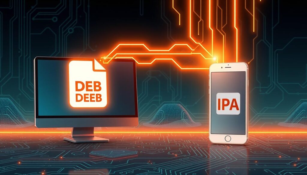A high-resolution digital illustration depicting the process of converting a Debian package (DEB) file into an iOS application package (IPA) file. The scene shows a desktop computer with a DEB file icon on the screen, and a mobile device with an IPA file icon. Glowing data streams connect the two, representing the conversion process. The background is a futuristic, technical landscape with circuit board patterns and digital grid lines, conveying a sense of technological sophistication. Warm, soft lighting illuminates the scene, creating a sense of focus and attention on the task at hand. The overall mood is one of precision, efficiency, and the seamless integration of software platforms.