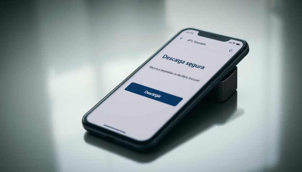 A high-resolution image of a smartphone screen displaying the "IPTV Smarters" app interface. The screen shows the "Descarga segura" (Secure Download) section, with a prominent "Descargar" (Download) button and a clean, minimalist design. The screen is well-lit, with a soft, natural lighting that highlights the device's sleek, modern aesthetics. The smartphone is positioned at a slight angle, creating a dynamic and visually appealing composition. The background is blurred, creating a sense of depth and focus on the app interface.