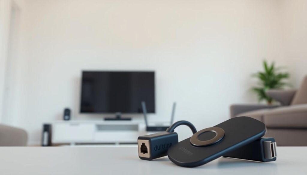 A high-resolution, photorealistic image of the essential requirements for setting up an IPTV player on an Amazon Firestick. The foreground prominently displays a Firestick remote control and an Ethernet adapter, conveying the necessary hardware. In the middle ground, a flat-screen TV and a wireless router are visible, representing the compatible devices and network setup. The background features a clean, minimalist living room environment with soft, diffused lighting, creating a calming, informative atmosphere. The overall composition emphasizes the simplicity and accessibility of the IPTV installation process on the Firestick.