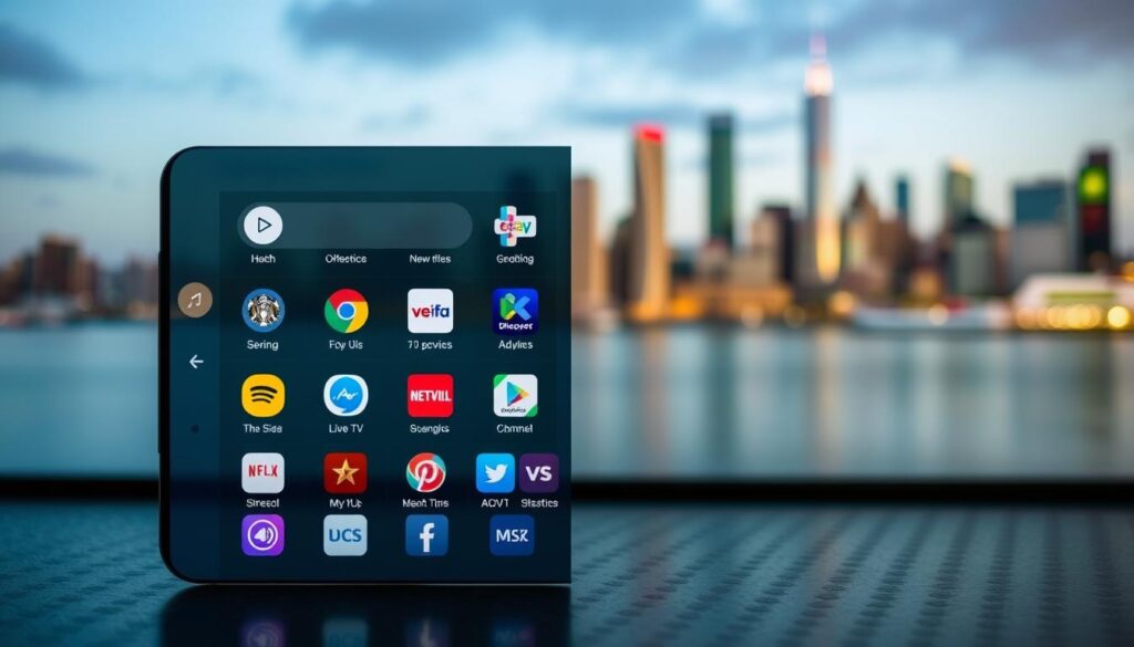 A home screen display of the GSE Smart IPTV app on an Android device. The interface features a clean, modern design with a grid of colorful app icons, including popular streaming services and live TV channels. The background showcases a serene, blurred cityscape, conveying a sense of connectivity and entertainment. The layout is intuitive and responsive, with a subtle glow and soft shadows adding depth and visual interest. The overall atmosphere is one of seamless digital living, where entertainment and information are at the user's fingertips.