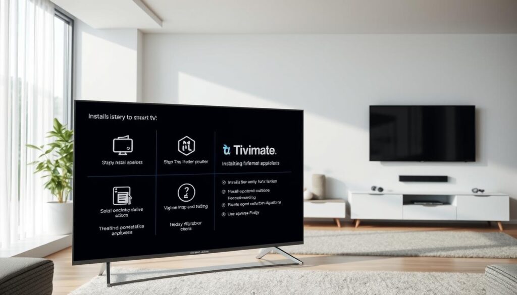 A large, high-resolution image depicting the step-by-step installation process of the TiviMate application on a smart TV. The foreground shows a detailed set of instructions, with clear icons and diagrams guiding the user through each step. The middle ground features a close-up view of a smart TV screen, displaying the TiviMate interface and various configuration options. The background showcases a modern, minimalist living room setting, with a large, flat-screen TV mounted on the wall and a sleek, modern home entertainment system. The lighting is bright and natural, creating a clean, informative, and visually appealing atmosphere. The overall composition conveys a sense of clarity, ease of use, and user-friendliness for the TiviMate installation process.