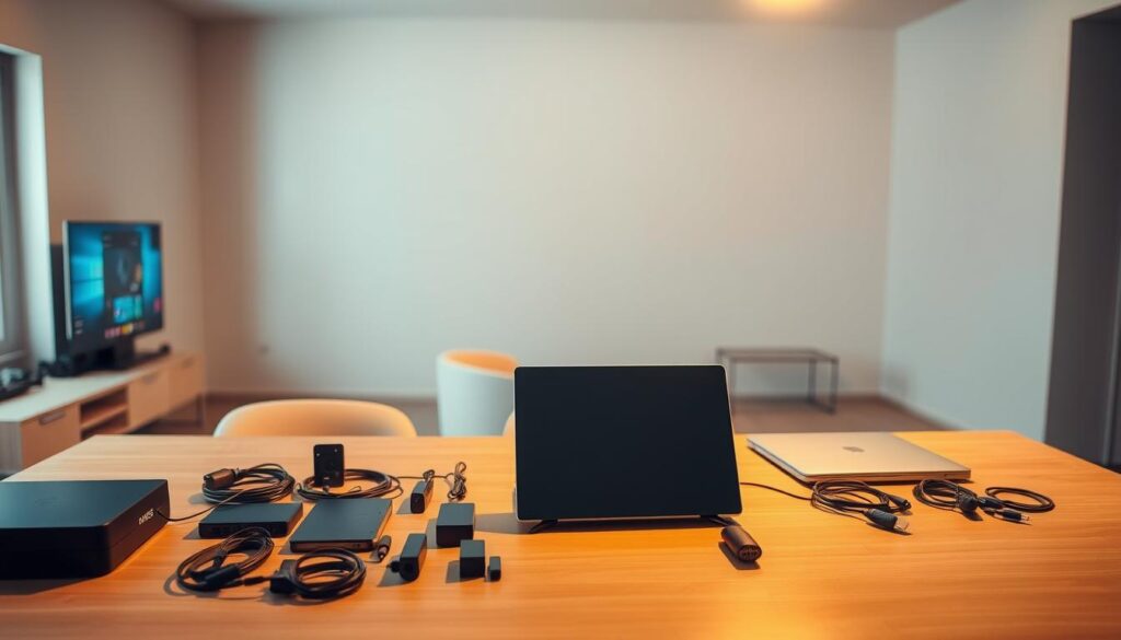 A meticulously arranged workspace, with a sleek Samsung Smart TV positioned prominently in the foreground. On the desk, various tech accessories are neatly organized, including a high-resolution display, a modern laptop, and an array of cables and connectors. The lighting is warm and inviting, casting a soft glow over the scene, creating an atmosphere of focused preparation. In the background, a minimalist, modern interior with clean lines and muted tones provides a serene backdrop, emphasizing the importance of the task at hand. The overall composition conveys a sense of readiness and anticipation, hinting at the smooth installation process to come.