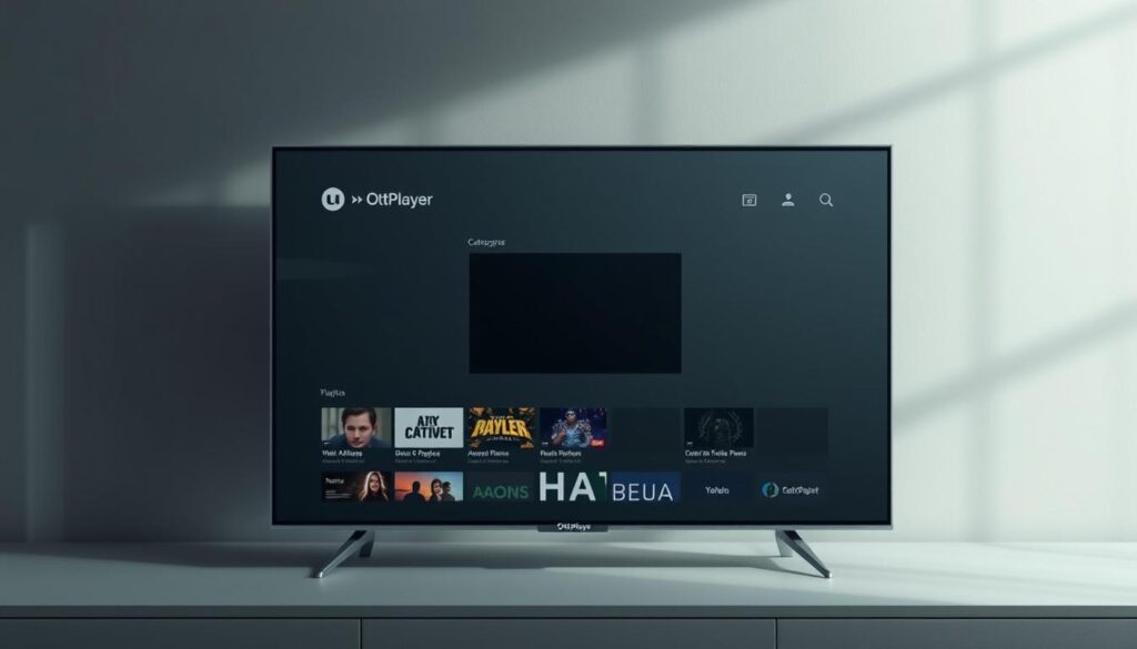 A minimalist, clean-looking UI design for OttPlayer playlist management on a smart TV screen. The interface features a sleek, modern layout with intuitive controls and categorized playlists. The foreground shows a series of thumbnail images representing the various playlists, each with a clear title and description. The middle ground has a prominent video preview window, allowing the user to preview content before selecting. The background has a subtle gradient or texture, creating a polished, professional aesthetic. Soft, indirect lighting illuminates the scene, with a slightly warm color tone to convey a sense of comfort and ease of use. The overall composition and attention to detail suggest a user-friendly, visually appealing playlist management experience tailored for smart TV platforms.